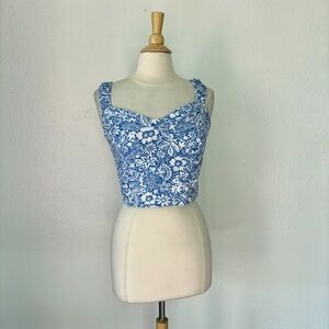 Blue & White Floral Sleeveless Crop Top